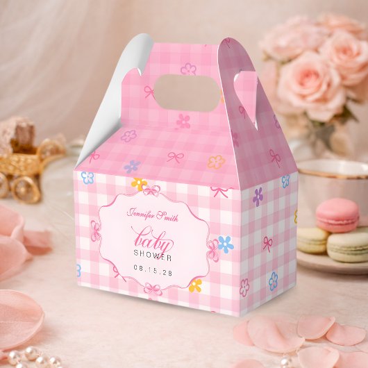 Pink Gingham Floral Bow Baby Shower Favor Boxes Geschenkschachtel