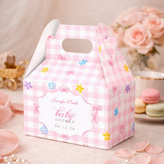 Pink Gingham Floral Bow Baby Shower Favor Boxes Geschenkschachtel