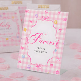 Pink Gingham Floral Bow Baby Shower Favors Sign Sockelschild