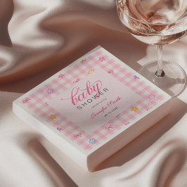 Pink Gingham Floral Bow Baby Shower Napkins Serviette