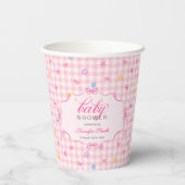 Pink Gingham Floral Bow Baby Shower Paper Cups Pappbecher (Rückseite)