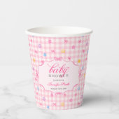 Pink Gingham Floral Bow Baby Shower Paper Cups Pappbecher (Vorderseite)