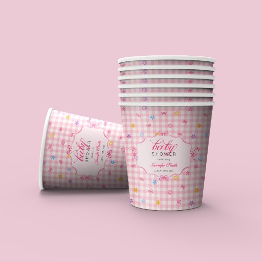 Pink Gingham Floral Bow Baby Shower Paper Cups Pappbecher