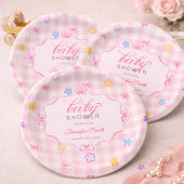 Pink Gingham Floral Bow Baby Shower Paper Plates Pappteller