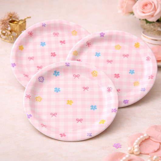 Pink Gingham Floral Bow Baby Shower Paper Plates Pappteller