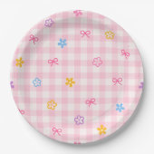 Pink Gingham Floral Bow Baby Shower Paper Plates Pappteller (Vorderseite)