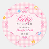Pink Gingham Floral Bow Baby Shower Sticker (Vorderseite)