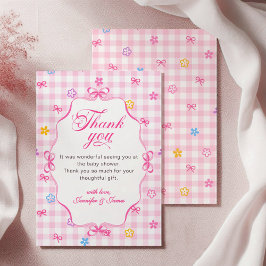 Pink Gingham Floral Bow Baby Shower Thank You Card Dankeskarte