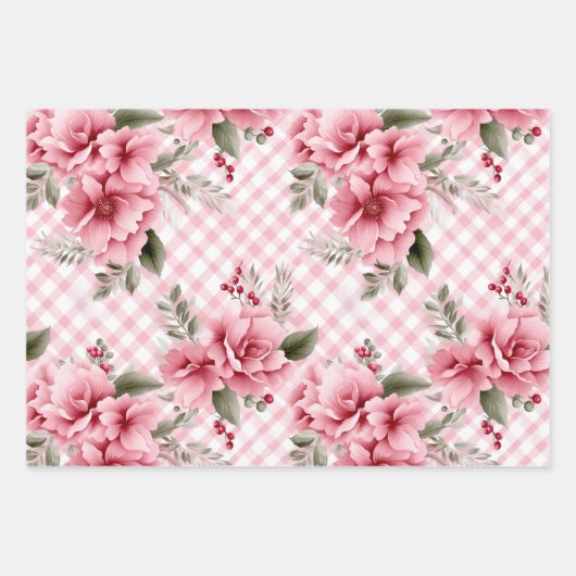 Pink Gingham Floral Christmas Berries Geschenkpapier Set (Vorderseite 2)