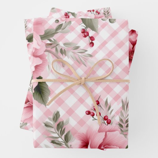 Pink Gingham Floral Christmas Berries Geschenkpapier Set (Beispiel)