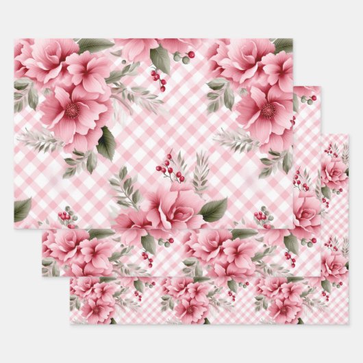 Pink Gingham Floral Christmas Berries Geschenkpapier Set (Set)
