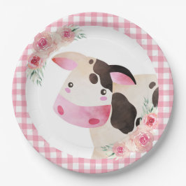 Pink Gingham Floral Cow Farm Pappteller