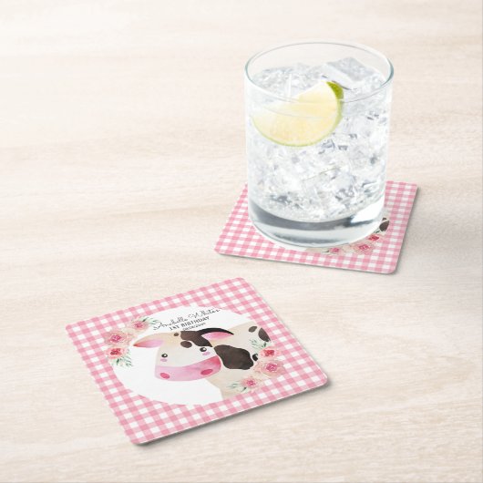 Pink Gingham Floral Cow Farm Rechteckiger Pappuntersetzer (Vor Ort)