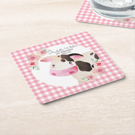 Pink Gingham Floral Cow Farm Rechteckiger Pappuntersetzer (angewinkelt)