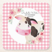 Pink Gingham Floral Cow Farm Rechteckiger Pappuntersetzer (Vorderseite)
