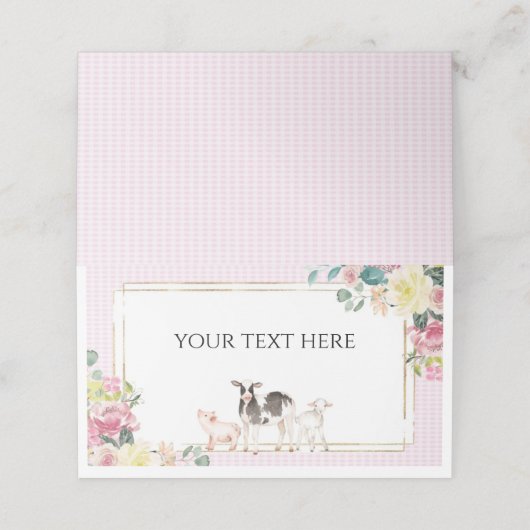 Pink Gingham Floral Landtiere Platzkarte (Außenseite Aufgefaltet)