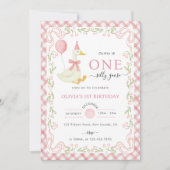 Pink Gingham Floral One Silly Goose 1st Birthday Einladung (Vorderseite)