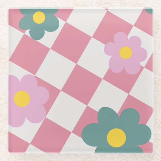 Pink Gingham Floral Pattern – Retro Cute Flower Glasuntersetzer (Vorderseite)