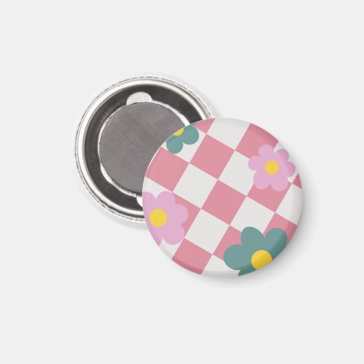 Pink Gingham Floral Pattern – Retro Cute Flower  Magnet (Vorderseite/Rückseite)