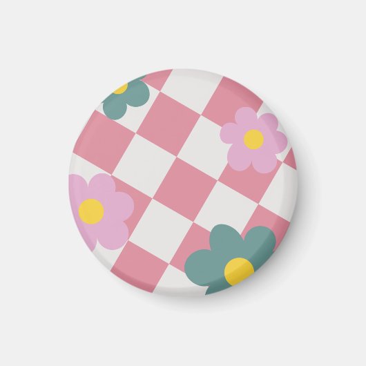 Pink Gingham Floral Pattern – Retro Cute Flower  Magnet (Vorne)