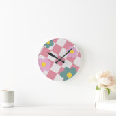 Pink Gingham Floral Pattern – Retro Cute Flower  Runde Wanduhr (Zuhause)