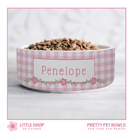 Pink Gingham Floral Personalisiert Pet Napf