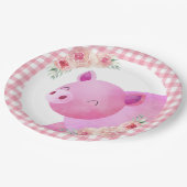 Pink Gingham Floral Pig Farm Animal Barnyard Pappteller (Schrägansicht)