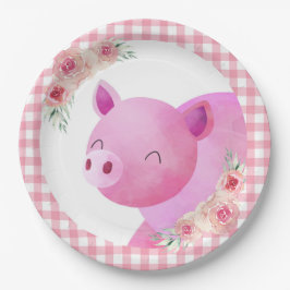 Pink Gingham Floral Pig Farm Animal Barnyard Pappteller