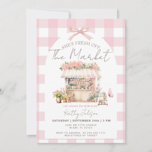 Pink Gingham Fresh Off The Market Bridal Shower Einladung (Vorderseite)