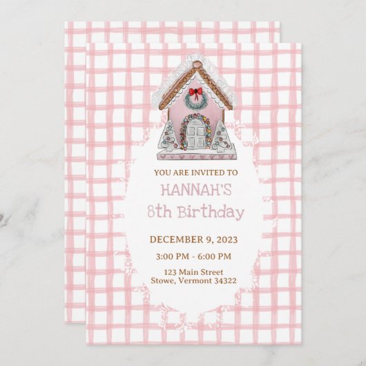 Pink Gingham Gingerbread Einladung zum Geburtstag (Vorne/Hinten)