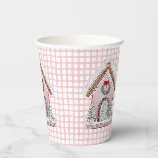 Pink Gingham Gingerbread House Pappbecher (Rückseite)