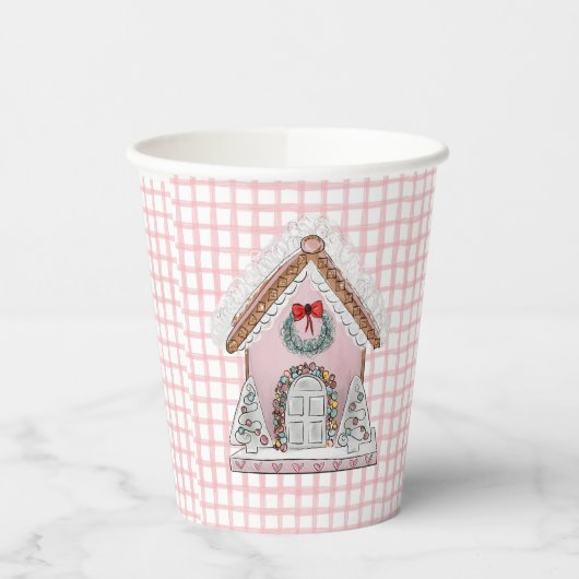 Pink Gingham Gingerbread House Pappbecher (Links)