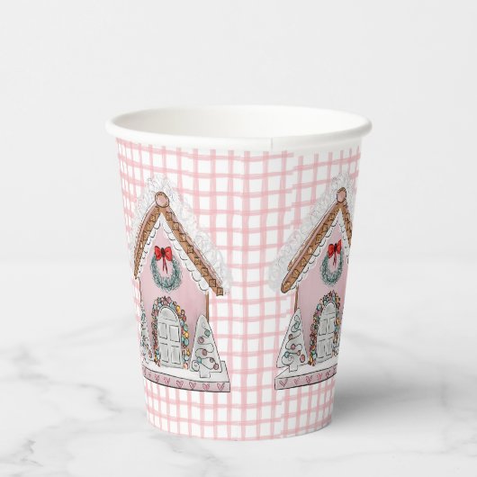 Pink Gingham Gingerbread House Pappbecher (Rechts)