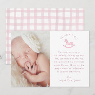 Pink Gingham Girl Baby Shower Foto Danke Karte