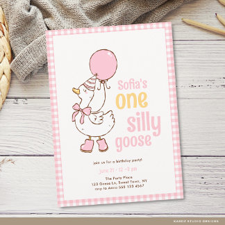 Pink Gingham Girl One Silly Goose 1st Birthday Einladung
