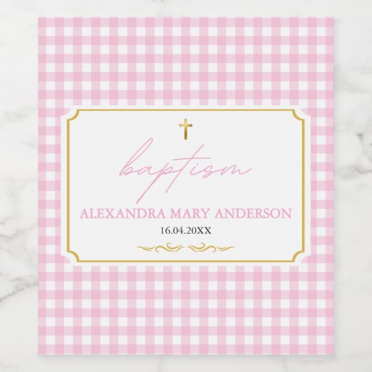 Pink Gingham Girl Taufe Religiöse Minimalistische Weinetikett (Einzelnes Label)