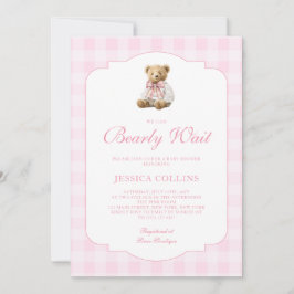 Pink Gingham Girl We Can Bearly Wait Baby Shower Einladung