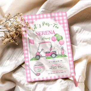 Pink Gingham Golf Birthday Par-T-Shirt Einladung