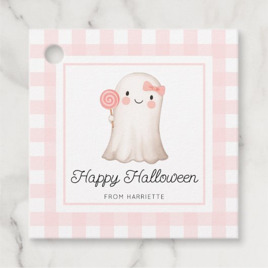 Pink Gingham Happy Halloween Niedlich Ghost Gefäll Geschenkanhänger (Vorderseite)