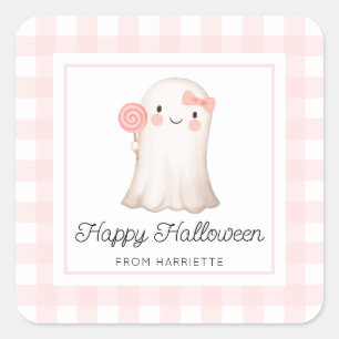 Pink Gingham Happy Halloween Niedlich Ghost Gefäll Quadratischer Aufkleber