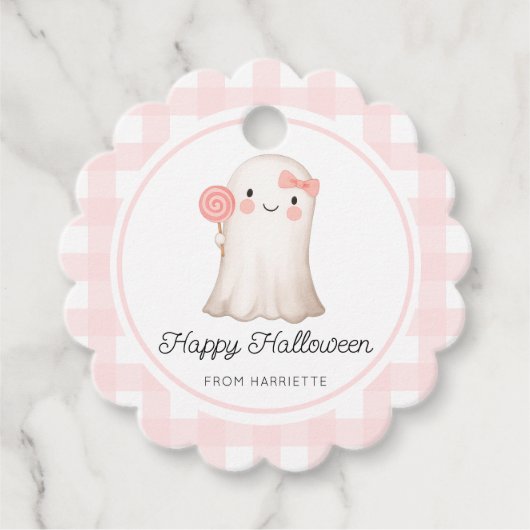 Pink Gingham Happy Halloween Niedlich Ghost Geschenkanhänger (Vorderseite)