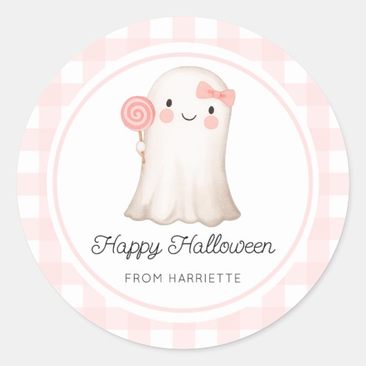 Pink Gingham Happy Halloween Niedlich Ghost Runder Aufkleber (Vorderseite)