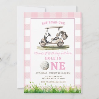 Pink Gingham Hole in One Golf Girl Birthday Einladung