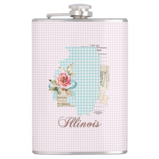 Pink Gingham Illinois Staat Vinyl Wrapped Flask Flachmann (Vorderseite)