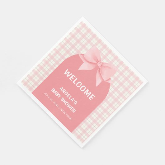 Pink Gingham Kariert Arch Bow Baby Dusche Willkomm Serviette (Ecke)