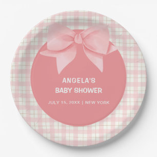 Pink Gingham Kariert Bow Baby Dusche Pappteller