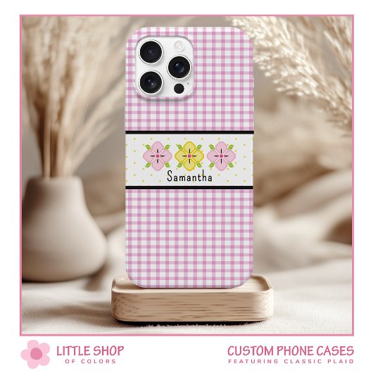 Pink Gingham Kariert Floral Monogram Case-Mate iPhone Hülle