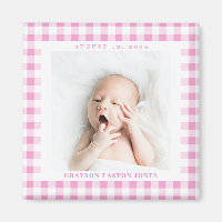 Pink Gingham Karo Baby Birthdate Magnet