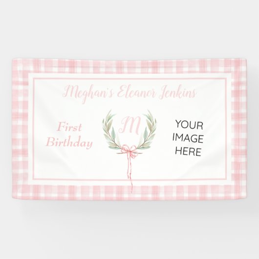 Pink Gingham Laurel Wappen Birthday Banner (Horizontal)