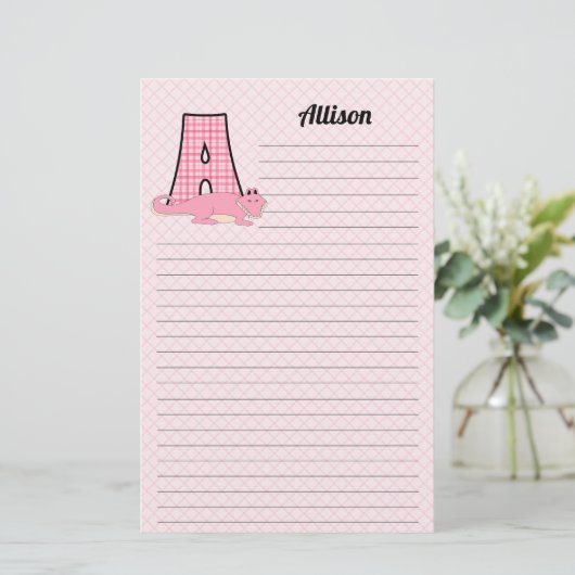 Pink Gingham Letter A Girl's Monogram Briefpapier (Stehend Vorderseite)